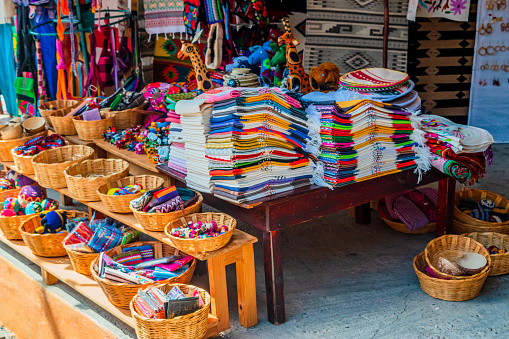 Mexico, Oaxaca, Center of Oaxaca, 02/01/2020: Full shot of a colorful rug workshop