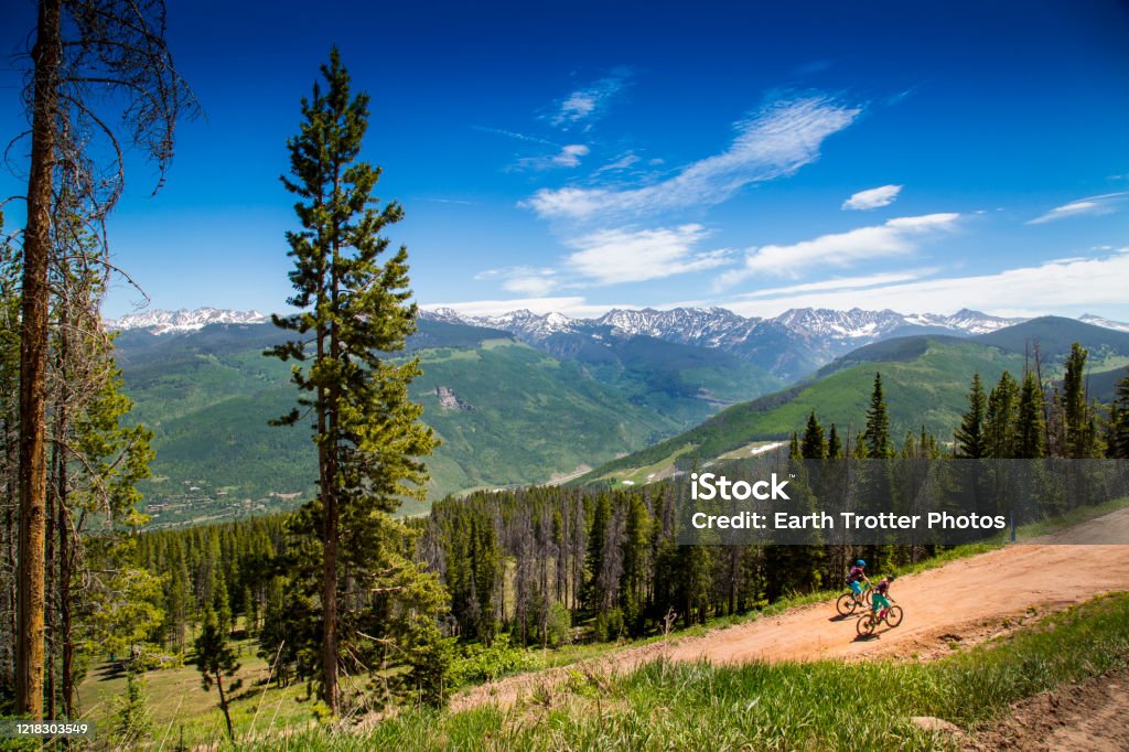Afternoon Bike Ride in Vail A pair of mountain bikers ride up a dirt path on a sunny summer day in Vail, Colorado. Colorado Stock Photo
