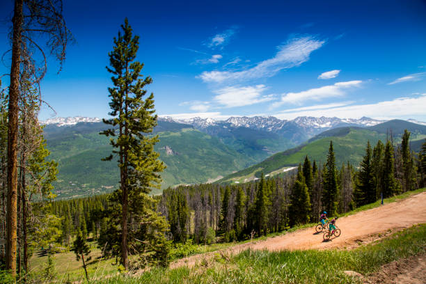 Afternoon Bike Ride in Vail A pair of mountain bikers ride up a dirt path on a sunny summer day in Vail, Colorado. alpine climate photos stock pictures, royalty-free photos & images