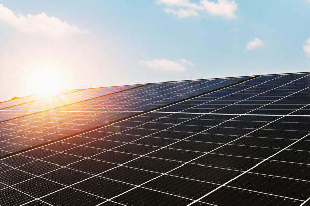 istock solar cell panel with blue sky and sunset. energy cleaning in nature concept 1218305346