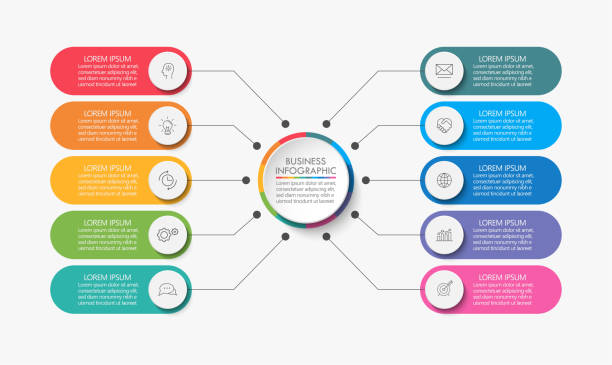 illustrazioni stock, clip art, cartoni animati e icone di tendenza di cerchio di lavoro. icone infografiche della sequenza temporale progettate per un modello di sfondo astratto - tenths