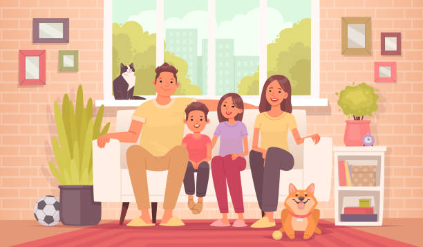 illustrazioni stock, clip art, cartoni animati e icone di tendenza di la famiglia felice è seduta sul divano. mamma, papà, figlia, figlio e animali domestici a casa, sullo sfondo della stanza - people living room mother son