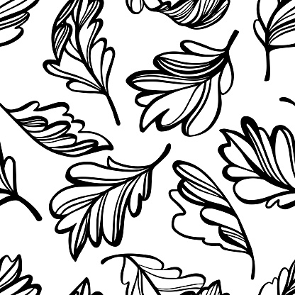 Botanical seamless pattern. Transparent leaves of a tree isolated. Sketch style flat design, Vector floral background. Outline drawing.