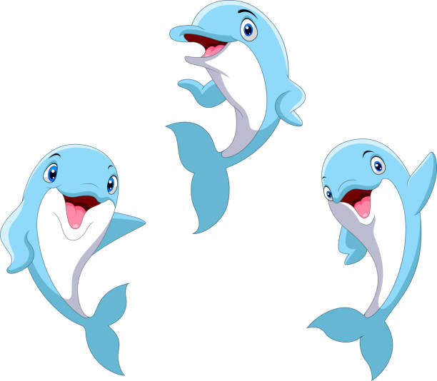 illustrazioni stock, clip art, cartoni animati e icone di tendenza di carino cartone animato divertente delfino set - happy dolphin