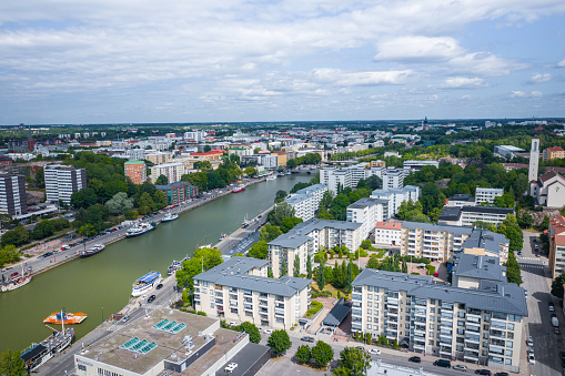 Turku, Finland - August 02,2019: Aerial view of city of Turku. Photo made by drone from above. Finland. Europe.