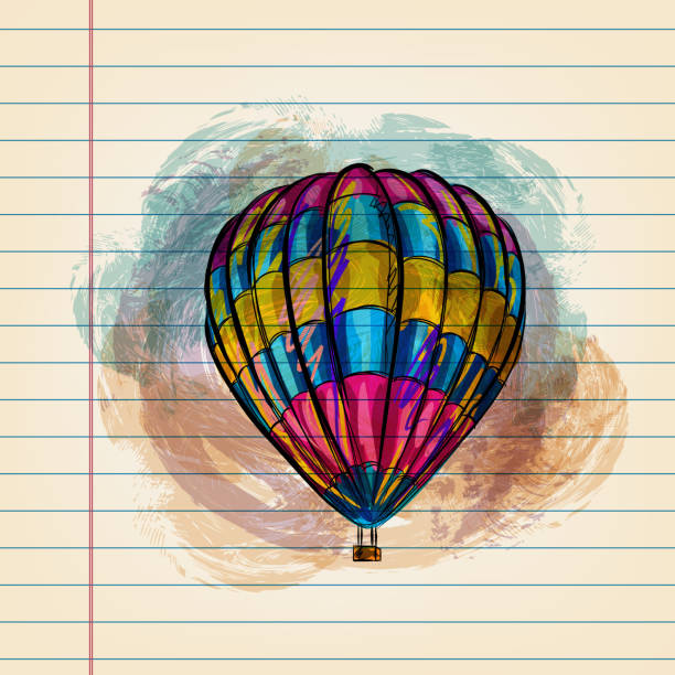 Hot Air Balloon Drawing on Ruled Paper Drawing of Hot Air Balloon in watercolour style on ruled paper. Elements are grouped.contains eps10 and high resolution jpeg. watercolor hot air balloon stock illustrations