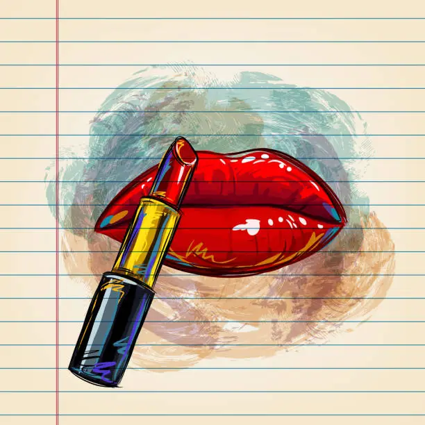 Vector illustration of Beautiful Red Lips and lipstick Drawing on Ruled Paper