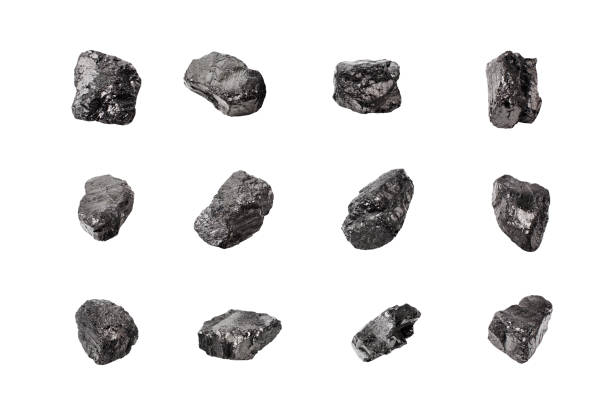 istock Black coal stones set on white background isolated close up, natural charcoal pieces collection, anthracite rock texture, raw coal mine nuggets, group of embers, graphite samples, mineral fossil fuel 1218321438