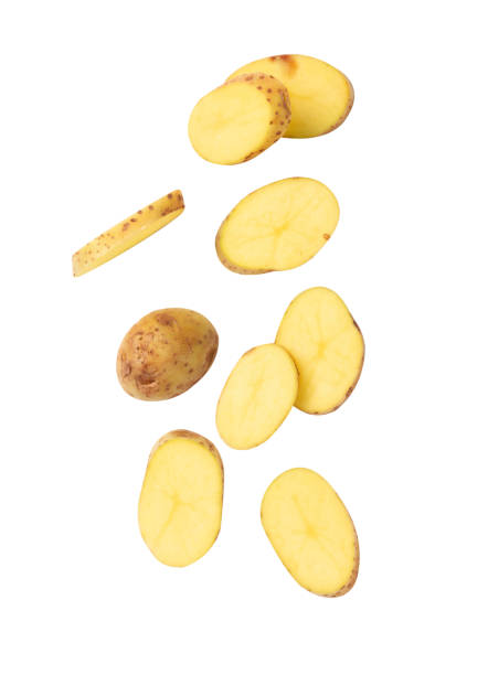 istock Falling potato slice isolated on white background with clipping path 1218321846