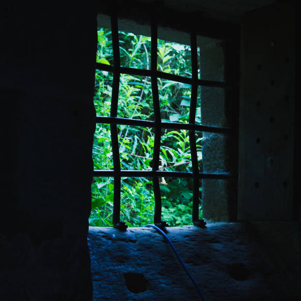 istock Lattice on the window with light spot from the window. Inside and outside, concept. 1218322741
