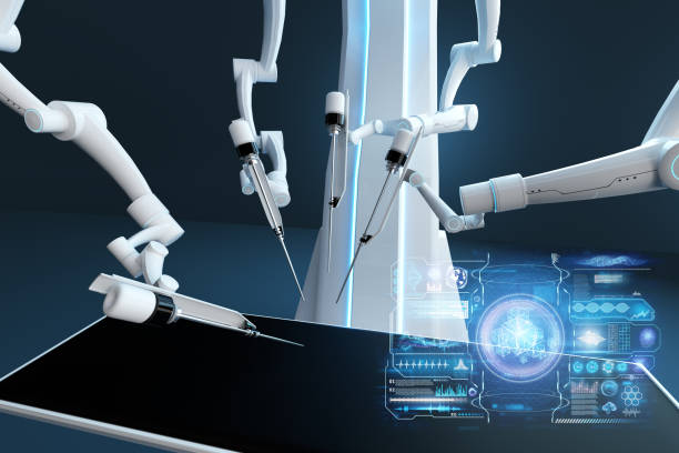 istock Robot surgeon, robotic equipment. Minimally invasive surgical innovation with three-dimensional overview. technology, the future of medicine, surgeon. 3D render, 3D illustration. 1218322937