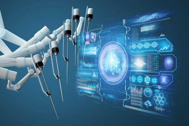 istock Robot surgeon, robotic equipment, manipulators. Minimally invasive surgical innovation with three-dimensional overview. Technology, the future of medicine, surgeon. 3D render, 3D illustration. 1218322944