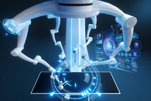 istock Robot surgeon, robotic equipment. Minimally invasive surgical innovation with three-dimensional overview. technology, the future of medicine, surgeon. 3D render, 3D illustration. 1218322946