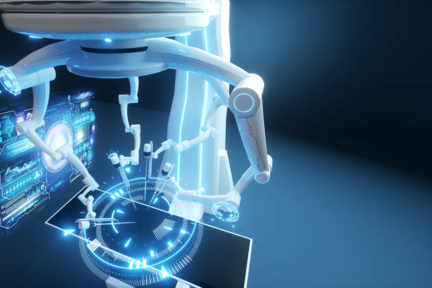 istock Robot surgeon, robotic equipment. Minimally invasive surgical innovation with three-dimensional overview. technology, the future of medicine, surgeon. 3D render, 3D illustration. 1218322953