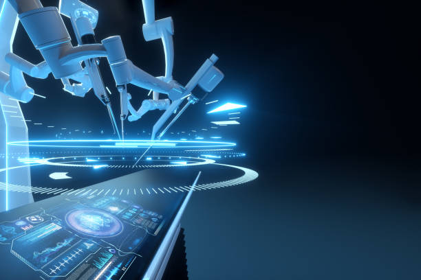 istock Robot surgeon, robotic equipment. Minimally invasive surgical innovation with three-dimensional overview. technology, the future of medicine, surgeon. 3D render, 3D illustration. 1218322954