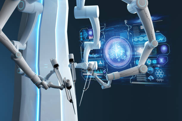 istock Robot surgeon, robotic equipment. Minimally invasive surgical innovation with three-dimensional overview. technology, the future of medicine, surgeon. 3D render, 3D illustration. 1218322959