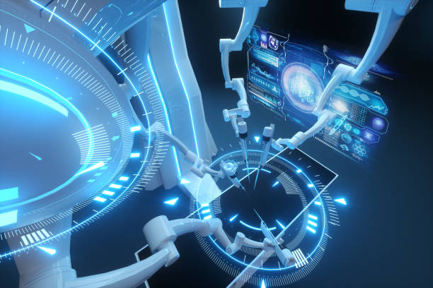istock Robot surgeon, robotic equipment. Minimally invasive surgical innovation with three-dimensional overview. technology, the future of medicine, surgeon. 3D render, 3D illustration. 1218322960
