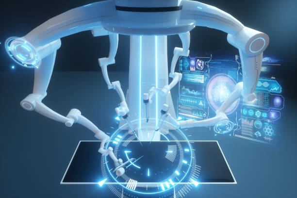 istock Robot surgeon, robotic equipment. Minimally invasive surgical innovation with three-dimensional overview. technology, the future of medicine, surgeon. 3D render, 3D illustration. 1218322961