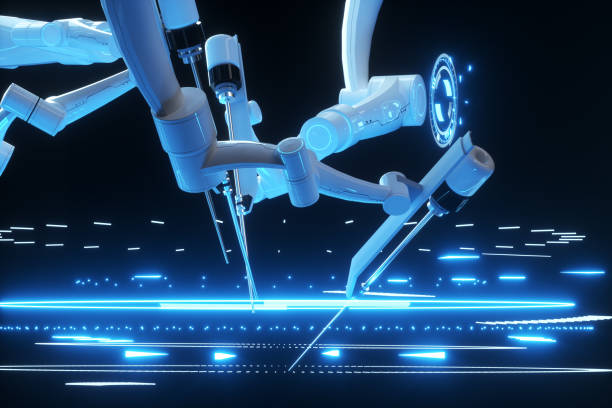 chirurgo robot, attrezzature robotiche. innovazione chirurgica mininvasiva con panoramica tridimensionale. tecnologia, il futuro della medicina, chirurgo. rendering 3d, illustrazione 3d. - chirurgia robotica foto e immagini stock