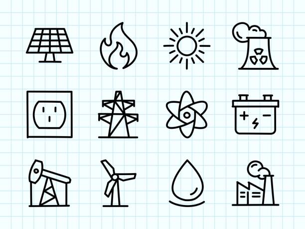 ilustraciones, imágenes clip art, dibujos animados e iconos de stock de dibujo de garabatos de energía - nuclear energy nuclear power station wind turbine energy