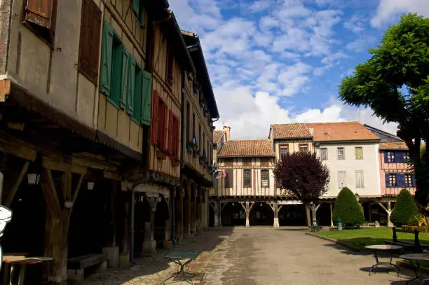 Colours and façades of medieval buildings in the small town of Mirepoix in the southern French region of Ariege