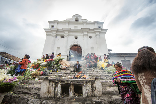 chichicastenango, Guatemala, 27th February 2020: mayan people at the traditional market selling and buying crafts