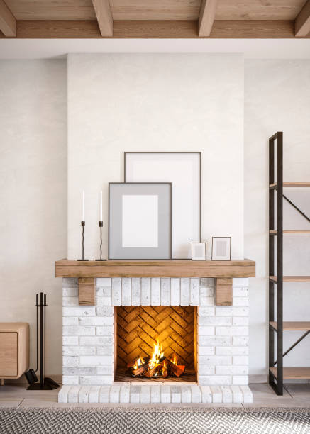 istock A rustic brick fireplace in light colors with decor and furniture. 3D rendering. 1218326922