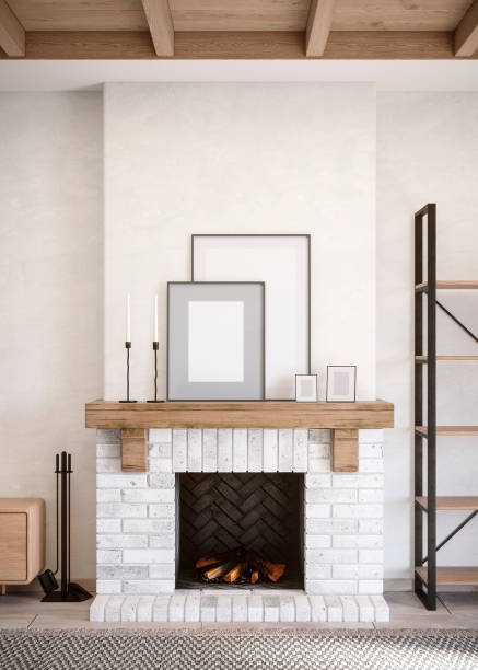 istock A rustic brick fireplace in light colors with decor and furniture. 3D rendering. 1218326923