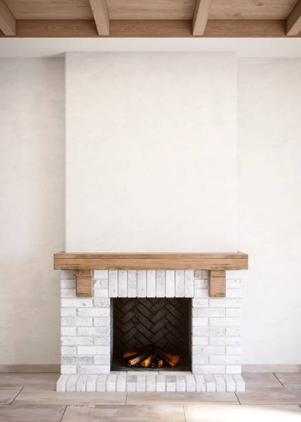 A rustic brick fireplace in light colors with firewood in the firebox. 3D rendering.