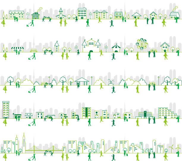 ライフスタイルの人々と都市イラスト遊園地、建物、学校、公園のセット - castle district点のイラスト素材／クリップアート素材／マンガ素材／アイコン素材