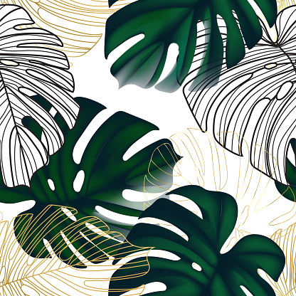 Greenery monstera exotic leaves with golden line art seamless pattern design. Nature background,  luxury floral decoration, eco foliage flatlay view in vector.