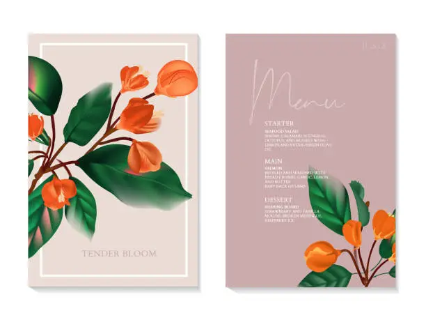 Vector illustration of Holiday invite card with orange flower branch, party design flyer, nature save the date art. Special day celebration invitation, poster, menu design in vector