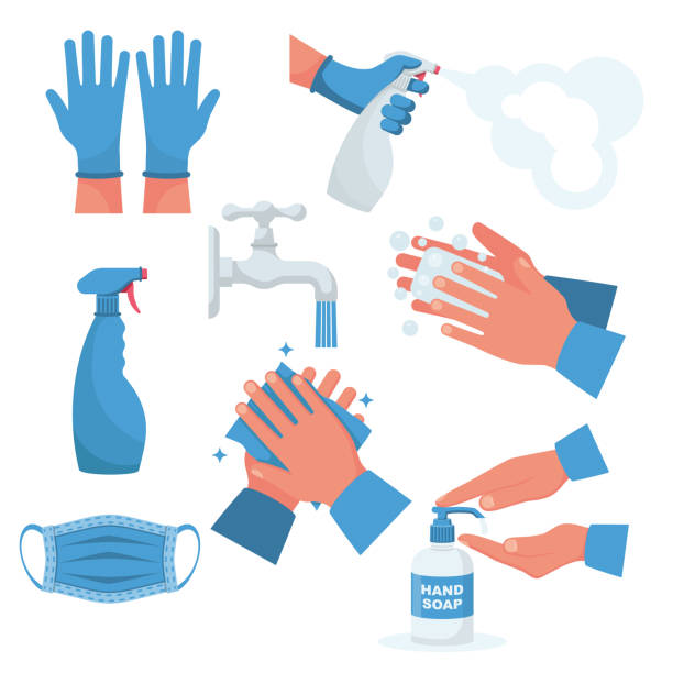 ilustraciones, imágenes clip art, dibujos animados e iconos de stock de conjunto de prevención. guantes de goma en las manos, máscara médica. - hand hygiene