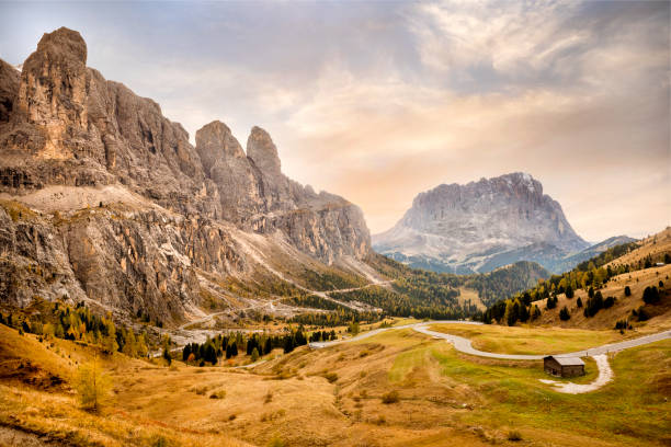 istock Val Gardena Pass, Passo Gardena, 2121m, left Sella Group with Murfreitspitze, nature park Park Puez-Geisler, Dolomites, Selva di Val Gardena, South Tyrol, Trentino-Alto Adige, Italy 1218335522