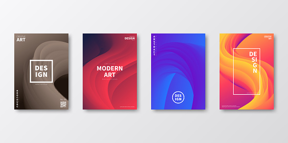Set of four vertical brochure templates with modern and trendy backgrounds, isolated on blank background. Abstract colorful illustrations with fluid, liquid, 3d shapes and beautiful color gradients (colors used: Red, Purple, Pink, Orange, Brown, Blue, Black, Yellow). Can be used for different designs, such as brochure, cover design, magazine, business annual report, flyer, leaflet, presentations... Template for your own design, with space for your text. The layers are named to facilitate your customization. Vector Illustration (EPS10, well layered and grouped), wide format (2:1). Easy to edit, manipulate, resize and colorize.