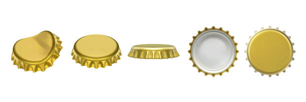 realistisches bier oder limonade flaschenverschluss, metallischen deckel für glaswaren flasche getränk. satz von oben und unten, seitenansicht auf containerabdeckung mit delle. getränke und trinken, fluid-vektor-objekte design - deckel stock-grafiken, -clipart, -cartoons und -symbole