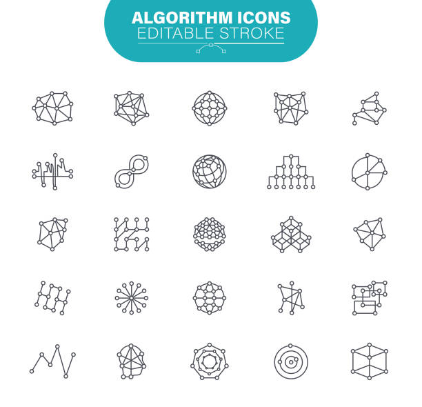 Algorithm Icons. Set contains symbol as Network, Data, Artificial Intelligence, Machine Learning, Technology, Analytics, Illustration Statistics, Analyzing; Data, Data Center, Cloud Computing, Outline Icon Set flowchart symbols programming stock illustrations