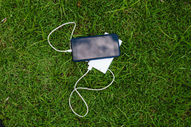 istock Smartphone connected to power bank at grass 1218339117