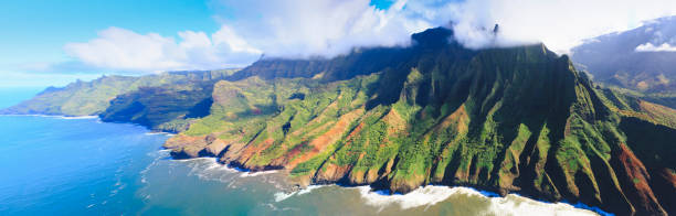 Aerial view of Na Pali coast in Kauai, Hawaii USA Aerial view of Na Pali coast in Kauai, Hawaii USA north shore stock pictures, royalty-free photos & images