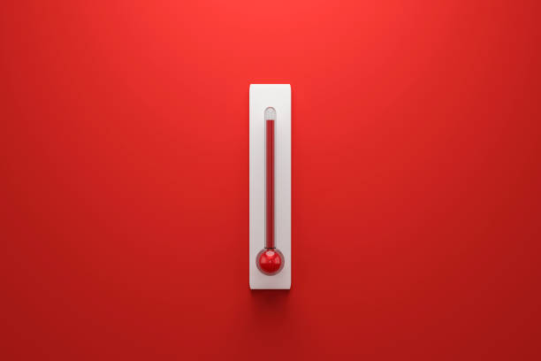 leere vorlage von celsius und fahrenheit thermometer auf rotem hintergrund mit hoher temperatur oder sommer-konzept. 3d-rendering. - thermometer stock-fotos und bilder