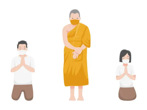 Vector illustration of Social Distancing, Monk and People keeping distance for infection risk and disease