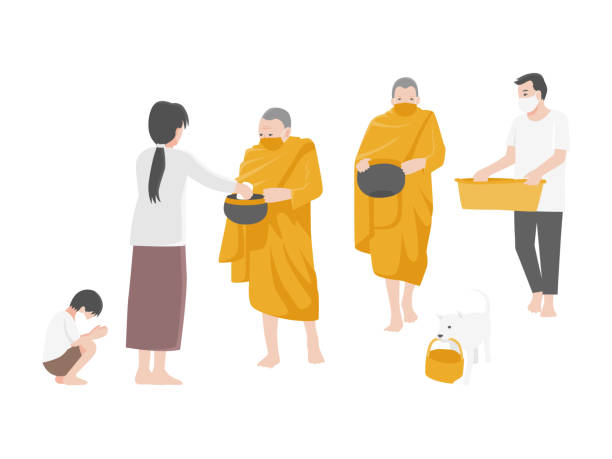 Give alms, People Make merit by offering food to monks Give alms, People Make merit by offering food to monks and wearing a surgical protective Medical mask for prevent Corona virus. Health care concept. alms stock illustrations