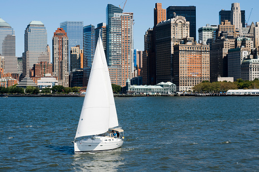 Sailing in Hudson River, Skyline of Lower Manhattan, financial districk, New York city, USA.