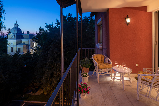Decorated modern terrace, balcony, romantic, evening, Beautiful garden view