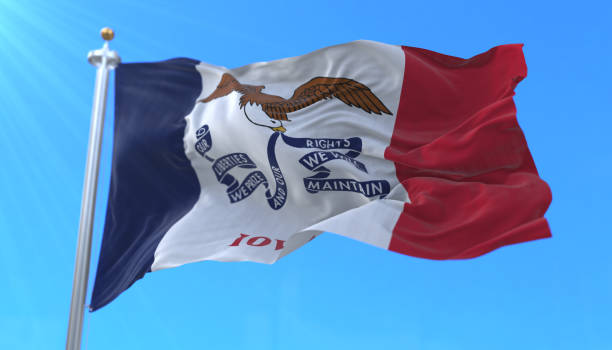 Flag of american state of Iowa, region of the United States Flag of american state of Iowa, region of the United States, waving at wind iowa flag stock pictures, royalty-free photos & images