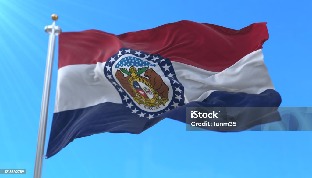 Flag of Missouri state, region of the United States Flag of american state of Missouri, region of the United States, waving at wind Missouri Stock Photo