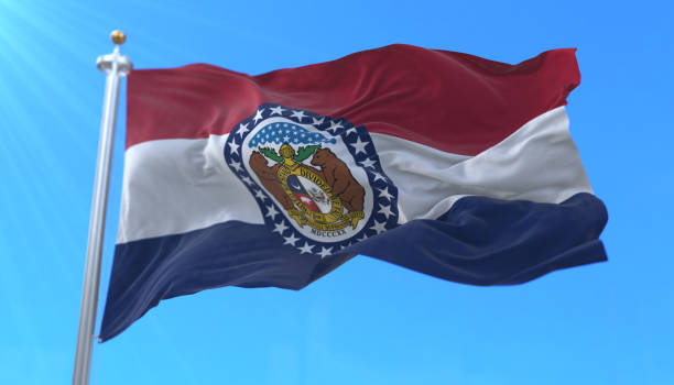 Flag of Missouri state, region of the United States Flag of american state of Missouri, region of the United States, waving at wind springfield missouri photos stock pictures, royalty-free photos & images