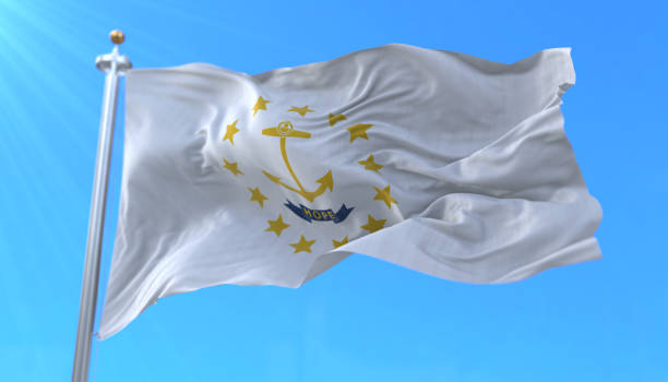 Flag of Rhode Island state, region of the United States Flag of american state of Rhode Island, region of the United States, waving at wind warwick uk stock pictures, royalty-free photos & images