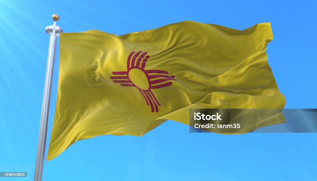 Flag of New Mexico state, region of the United States Flag of american state of New Mexico, region of the United States, waving at wind New Mexico Stock Photo