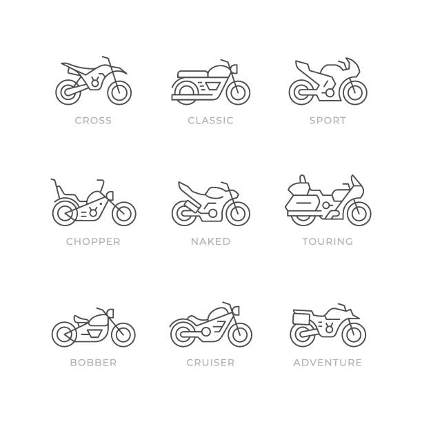 Set line icons of motorcycle Set line icons of motorcycle isolated on white. Different types of motorbike, sport, cross, classic, chopper, bobber, naked, touring, cruiser, adventure. Vector illustration motorcycle stock illustrations